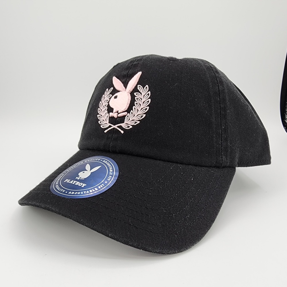 Playboy Dad Hat Mens‎ OSFM Black Pink Bunny Laurel Embroidered Cotton Cap NEW
